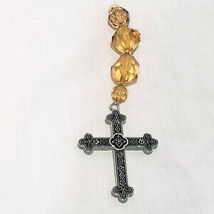 Ornate Cross Necklace Pendant Club Armed Floral 2" Silver tone Black with Beads